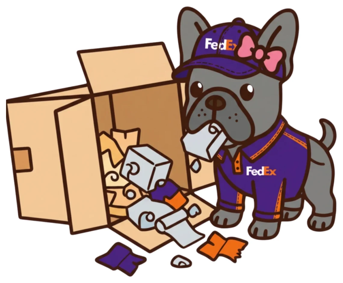 A French bulldog in a FedEx cap happily shredding the packing paper out of a tipped over box