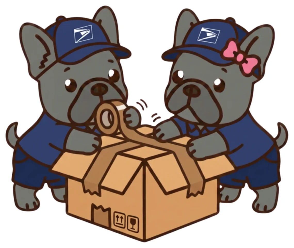 Two French bulldogs in postal uniforms taping up a cardboard box together