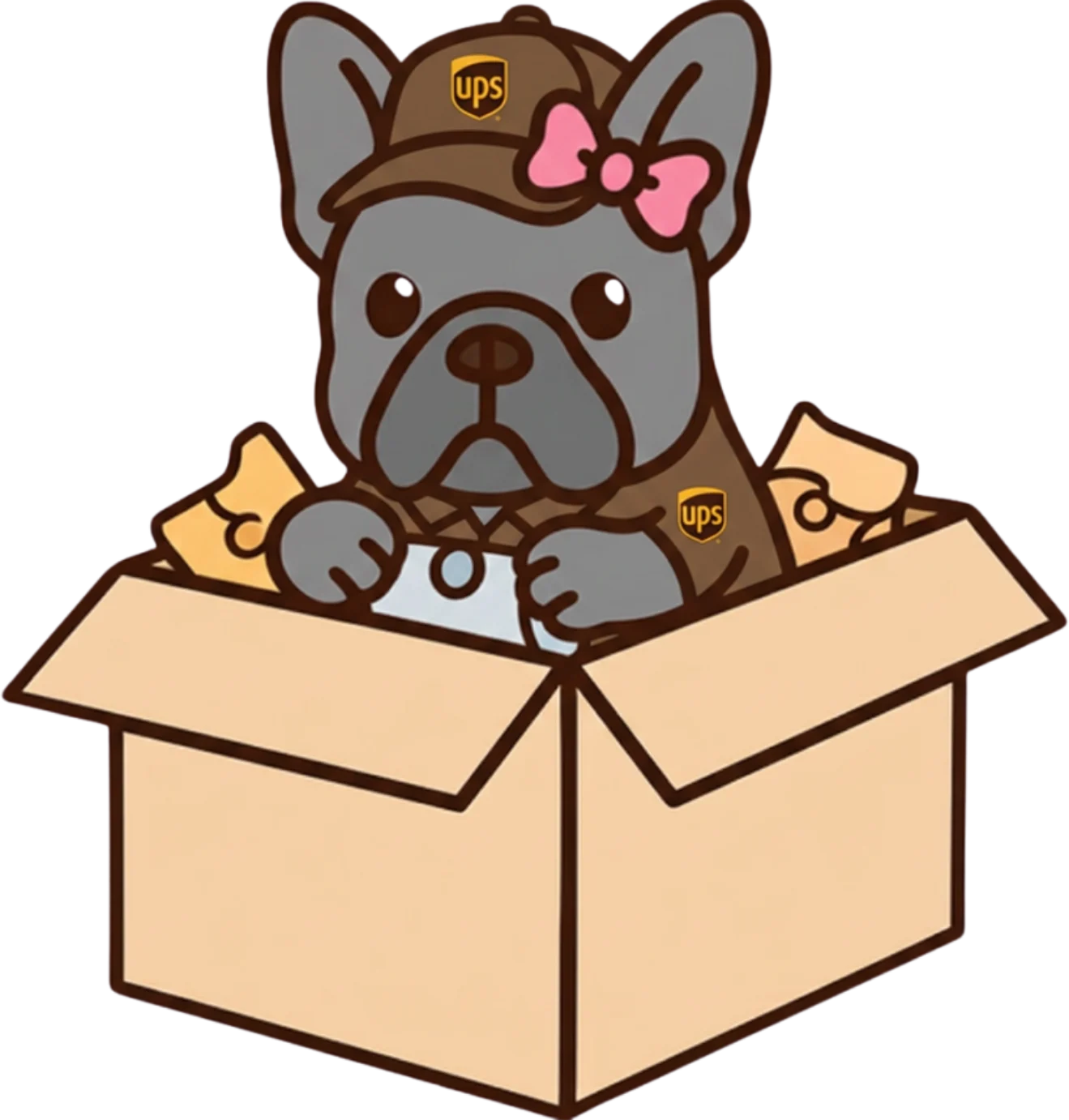 French bulldog with a pink bow and a UPS cap sitting in a box